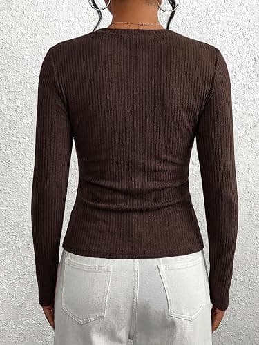 EMMIOL Womens Y2K Long Sleeve Henley Shirts | V Neck Button Front,Ribbed Knit,Lace Trim,Slim Fit,Rayon Blend Stretch Fabric,Casual Trendy Wear,Fall thumbnail 6