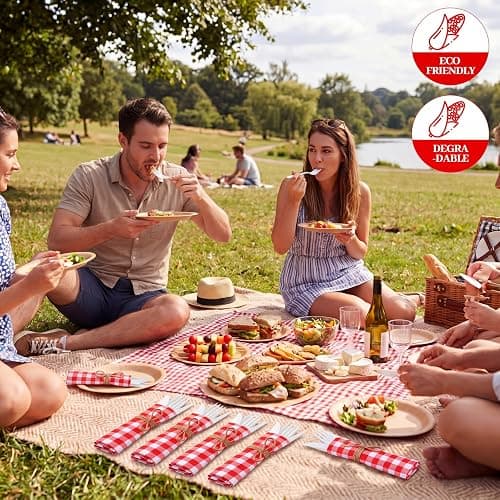 Lanties 200 Pcs BBQ Party Supplies Red White Gingham Biodegradable Disposable Tableware Set for 50 Guests Knives Spoon Fork Paper Napkins for BBQ Baby Shower Birthday Wedding thumbnail 2