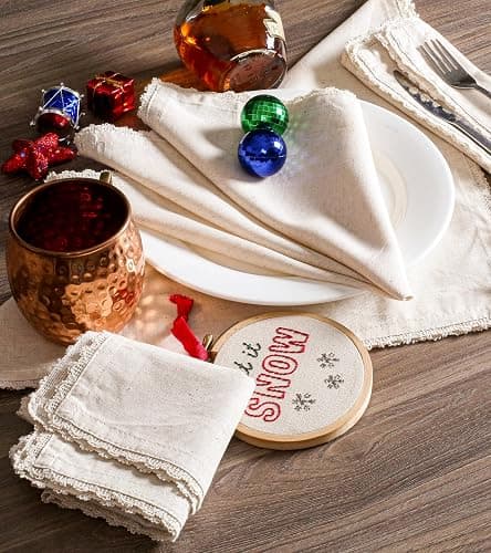 Lightnpro Cloth Dinner Napkins in Cotton Flax Fabric with Lace & Tailored Mitered Corners – 18x18 Inch Set of 12, Wedding, Baby Shower & Cocktail Napkin, Machine Washable Fabric Napkins Natural Color thumbnail 3