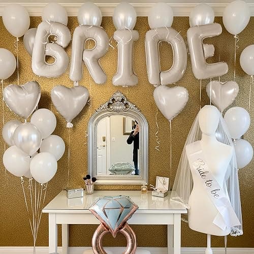 Cream White Bridal Shower party decorations with huge 40 Inch BRIDE letter Pearl Balloons BRIDE to be Sash Bridal Veil and Diamond Ring Heart shape Balloons For Bachelorette party Wedding supplies thumbnail 6