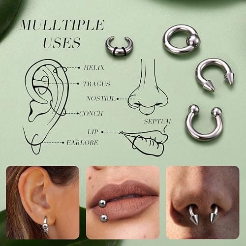 YADOCA Surgical Steel Septum Kit - 2G to 14G Septum Rings, Pincher, Tapers & Gauge, Nose Piercing Jewelry - Silver & Black Tone thumbnail 3