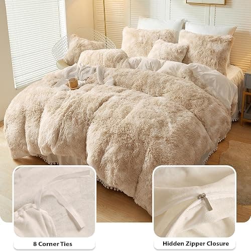 LIFEREVO Luxury Fluffy Faux Fur Duvet Cover Set, Tie Dye Plush Fuzzy Duvet Cover Set(1 Print Shaggy Comforter Cover+2 Furry Pillow Shams) Bedding Set, Zipper Closure(Queen, Light Beige) thumbnail 6