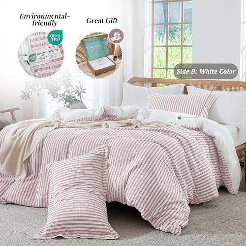 MILDLY Jacquard Stripe Duvet Cover - 100% Washed Cotton Pale Mauve Boho Textured Comforter Cover 3pcs with Zipper Closure 90"x90" thumbnail 3