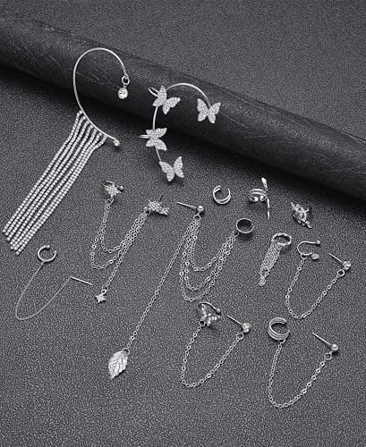 Tornito 17Pcs Ear Cuffs Chain Earrings Snake Butterfly Leaf Non Piercing Clip on Earring Fake Helix Cartilage Earrings Ear Clip Jewelry Silver Gold Tone thumbnail 5