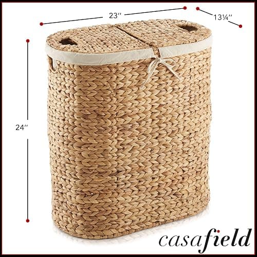 Casafield Oval Laundry Hamper with Lids and Removable Liner Bags - Natural, Woven Water Hyacinth 2-Section Laundry Basket Sorter for Clothes and Towels thumbnail 2