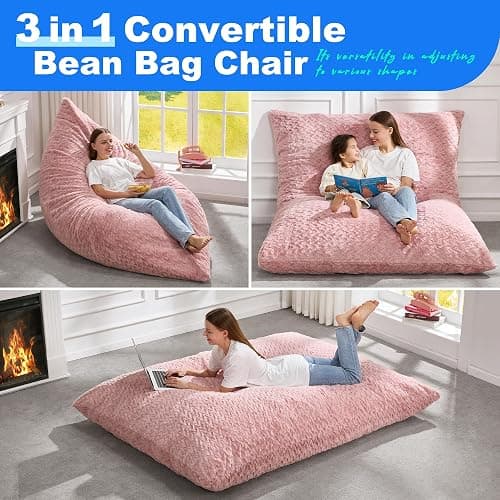 Hobestluk 3 in 1 Bean Bag Chair Giant Bean Bag Chairs for Adults with Chevron Plush Fur Cover Convertible Bean Bag Floor Cushion with Machine Washable Cover for Living Room (Chevron Plush Pink) thumbnail 3