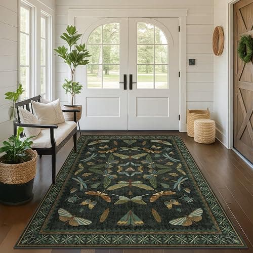Dark Green Area Rugs 5x7 for Living Room - Fairy Fantasy Moss Rugs for Dining Room Table, Bedroom, Whimsical Insect Boho Moth Décor, Washable Non Skid Soft Carpet thumbnail 3