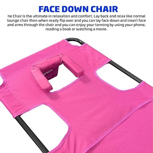 Face Down Tanning Chaise Lounge Chair - Face & Arm Holes - 2 Legs Support - Polyester Material – Backrest Positions - Head Rest Pillow - Beach or Home Use - Read and Tan - Pink Stripes Pattern thumbnail 5