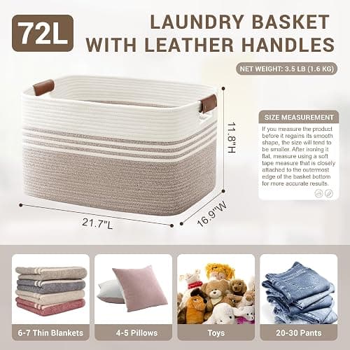 SunNewt 72L Large Laundry Basket with Leather Handles for Living Room Storage, Woven Rope Baskets Bin for Blanket, Gifts, Wicker Hamper for Bedroom Dirty Clothes, 22"x17"x12" White Brown thumbnail 2