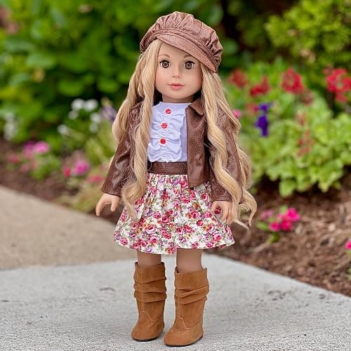 DreamWorld Collections - Urban Explorer - Clothes Fits 18 Inch Doll - Brown Motorcycle Jacket with Paperboy Hat, Dress and Boots - (Doll not Included) thumbnail 2