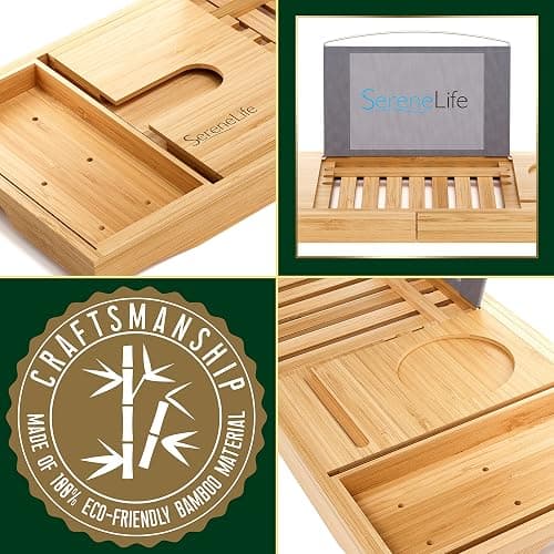 SereneLife Luxury Bamboo Bathtub Caddy Tray - Adjustable Natural Wood Bath Tub Organizer with Wine Holder, Cup Placement, Soap Dish, Book Space & Phone Slot for Spa, Bathroom & Shower SLBCAD20 thumbnail 7