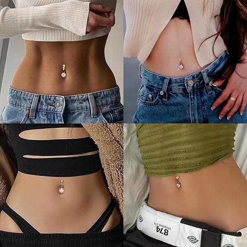 ZELORES 9/10PCS Surgical Stainless Steel Hypoallergenic Belly Button Rings with Extra Replacement Balls, Trendy Dangle Belly Button Piercing Jewelry for Women, 14G - Silver Plated/14K Gold Plated/Rose Gold Plated thumbnail 2
