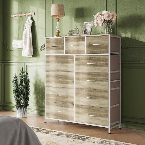 WLIVE Storage Organizer Unit with 11 Fabric Bins, Storage Drawers Organizer with Steel Frame, Tall Storage Tower Organizaton for Living Room, Hallway, Office, Greige thumbnail 2