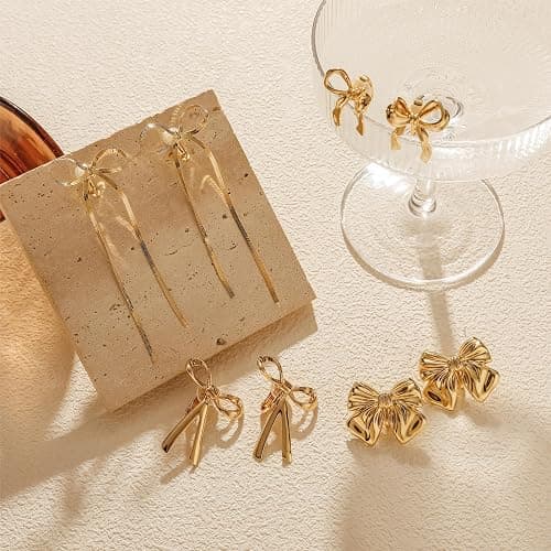 LOFITOR 14K Gold Plated Clip On Earrings for Women Non Piercing Bow Earrings Ribbon Dangle Drop Tassel Chain Statement Clip Earrings Lightweight Fake Bowknot Earring for Non Pierced Ears thumbnail 4