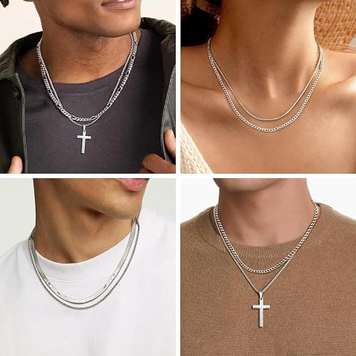 LOYALLOOK 6PCS Silver Chain for Men Women Stainless Steel Cross Chain Layered Cuban Link Figaro Snake Box Chain Cross Pendant Necklace 18-20IN/20-22IN thumbnail 5
