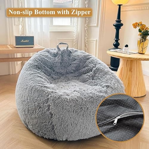 XeGe Fluffy Stuffed Animal Storage Bean Bag Cover(No Filler), Faux Fur Washable Ultra Soft Bean Bag Cover for Plush Toys or Textile,Plush Shaggy Large Beanbag for Adults Kids Teens, Light Grey thumbnail 4