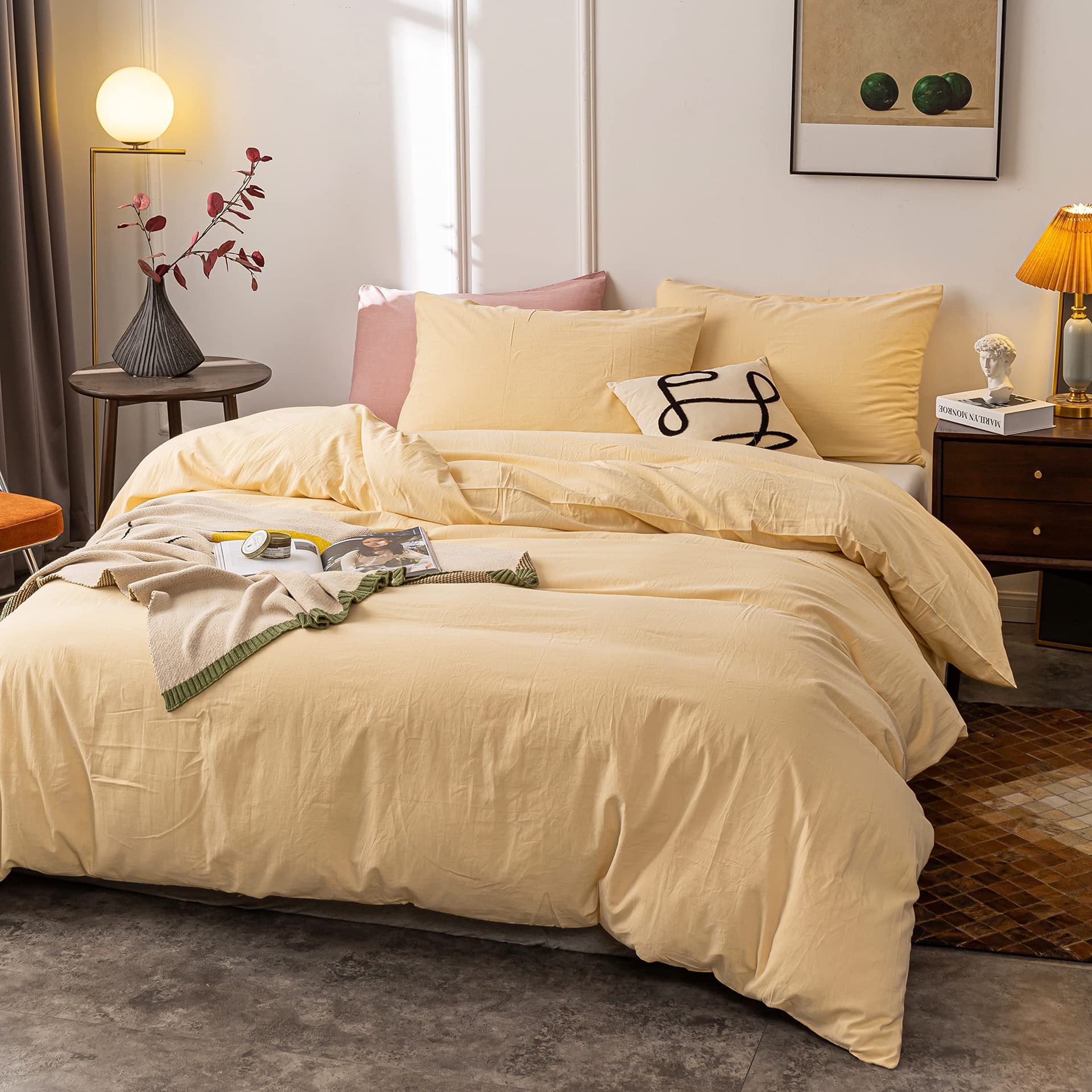 Janlive Washed Cotton Duvet Cover King Ultra Soft 100% Cotton Solid Color Cream Yellow Duvet Cover Set with Zipper Closure -3 Pieces Cream Yellow King - King - Cream Yellow thumbnail 2