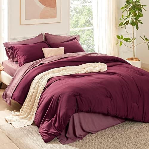 Bedsure Full Size Comforter Set - 7 Pieces Burgundy Full Bedding Set for All Seasons, Boho Contrasting Design Bed in a Bag with Comforter, Sheets, Pillowcases & Shams - Image 1