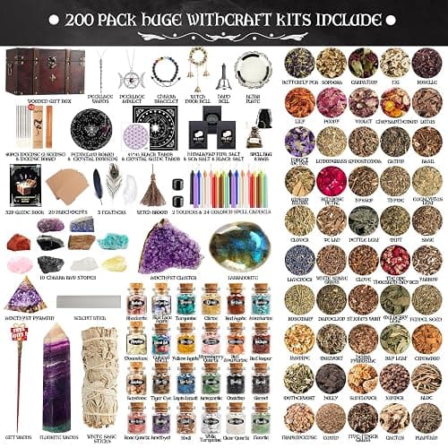 SHYSHINY Huge Witchcraft Kit, 200Pack Witchcraft Supplies for Witch Spells, Wiccan Supplies and Tools with Wooden Box Witch Starter Kit for Beginners thumbnail 4