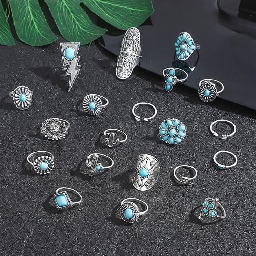 NEWITIN 20 Pcs Turquoise Rings for Women Vintage Knuckle Western Ring Set | Bohemian Oval Gemstone Stackable Rings, Knuckle Silver Rings Set, Boho Turquoise Jewelry for Cowgirl, Country Concert Outfits thumbnail 2