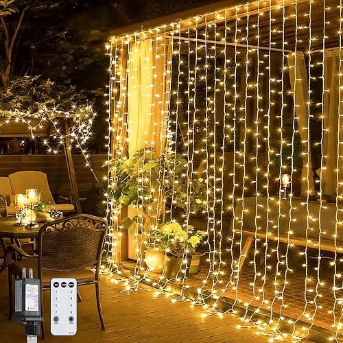 JMEXSUSS 300 LED Remote Control Curtain Lights, Plug in Fairy Curtain Lights Outdoor, Window Wall Hanging String Lights for Bedroom Indoor Dorm Backdrop Wedding Party Patio Christmas Decor, Warm White - Image 1