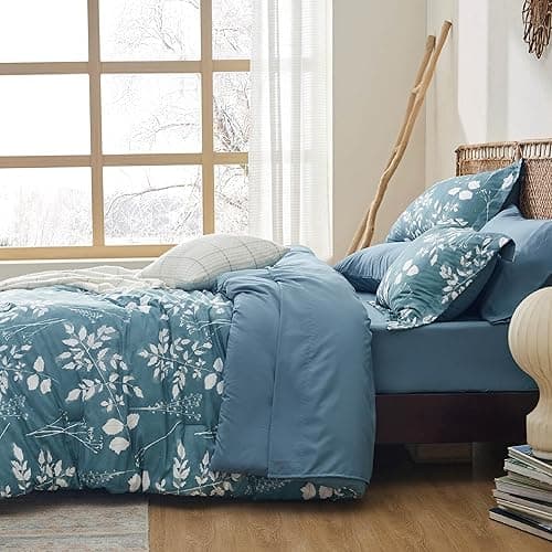 Bedsure Queen Comforter Set - 7 Pieces Floral Mineral Blue Soft Bedding Sets, Queen Bed in a Bag with Botanical Flowers Comforter, Sheets, Pillowcases & Shams thumbnail 7