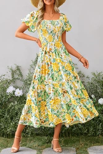 PRETTYGARDEN Women's Smocked Midi Wedding Guest Dress | Puff Short Sleeve, Square Neck A Line, Tiered Ruffle Hem, Long Dresses, Beach Vacation, Cocktail Party, Summer Outfits thumbnail 3