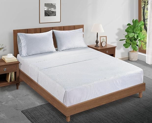 LANE LINEN Twin XL Fitted Sheet, 100% Organic Cotton 2-Piece Set (1 Fitted Sheet, 1 Pillowcase), Percale Weave, Bottom Sheet, Breathable, Fits Mattress Upto 15" Deep - Ticking Stripe (No Flat Sheet) thumbnail 2