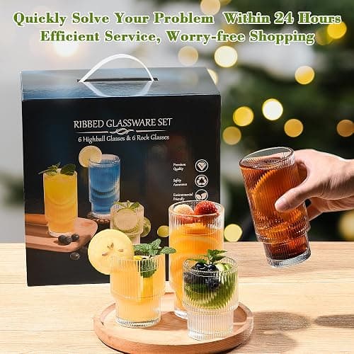 ISMASOAN Ribbed Glassware Set of 12, Glass Cups 12 oz and 7 oz, Fluted Glassware, Stackable Glasses, Cups for Kitchen, Gift Box Set - Stackable Ribbed Surface thumbnail 7