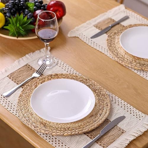 Zology Handmade Boho Placemats Set of 6 - Natural Cotton Burlap and Water Straw Woven Combination Table Mats, Macrame Décor and Farmhouse Style Placemats, for Dining Table Kitchen thumbnail 4
