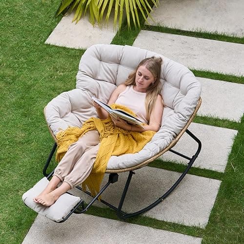 Oversized Rocking Chair with Foot Rest & Ottoman, Outdoor Reading Chair, Comfy Rocking Chair for Patio Porch Balcony, Cozy Indoor Reading Nook Chair, Chaise Lounge Chair Indoor, Big Comfy Chair, Beige - Image 1