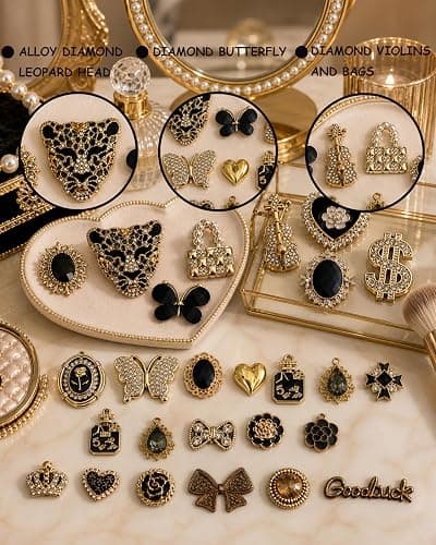 AVELICE Junk Case Large Charm Kit, Glam Black Phone Case Charms with Black Rhinestone Leopard Head,Blackk Rhinestone Butterflies&Black Alloy Flower for DIY Girls & Social Media Crafting thumbnail 4