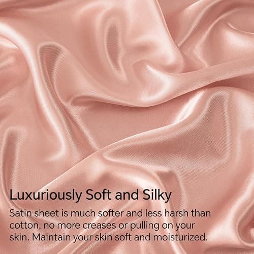 BEDELITE Satin Sheets Full Size Bed Set, Luxury Soft Coral Pink Silky Sheets for Hair and Skin, Similar to Silk Bed Sheets Set 4 Pieces with 1 Deep Pocket Fitted Sheet, 1 Flat Sheet, and 2 Pillowcases thumbnail 3