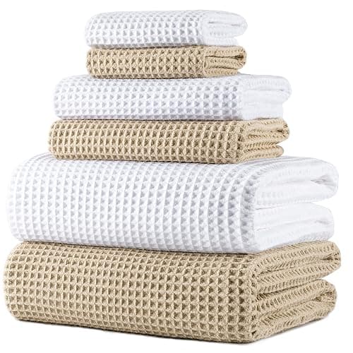 POLYTE 430 GSM Poly Blend Microfiber Quick Dry Waffle Bath Towel Set of 6 - Image 1