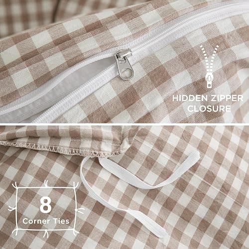 TOCOMOA Tan Gingham Duvet Cover Bedding Set 100% Washed Cotton Like Linen Feel Super Soft Comfy 3 Piece Brown Vintage Plaid Checkered Fall Comforter Cover Set (Queen 90"x90", Comforter Not Included) thumbnail 6