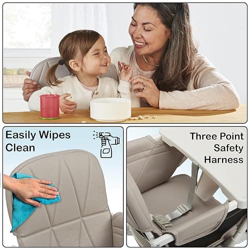 Primo PopUp Folding High Chair for Baby Age 6 to 36 Months - Taupe Folding Beach Style High Chair with Removable Dishwasher Safe Tray, 3pt Safety Harness, Leatherette Seat - Space Saving Design thumbnail 7