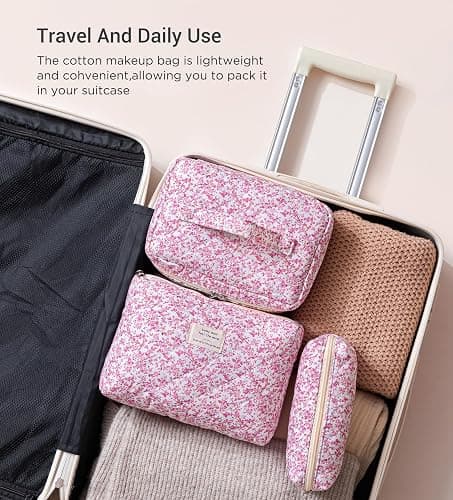 HBselect Quilted Makeup Bag, 3PCS Cotton Large Travel Makeup Bag, Cute Floral Coquette Make up Bag Cosmetic Bag Toiletry Bag for Women Girls thumbnail 4