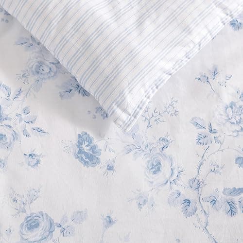Laura Ashley - Queen Comforter Set, Soft Cotton Bedding with a Medium Weight for Year Round Use, Reversible 3 Piece Bed Set with Matching Pillowcases (Belinda Chambray Blue) thumbnail 3