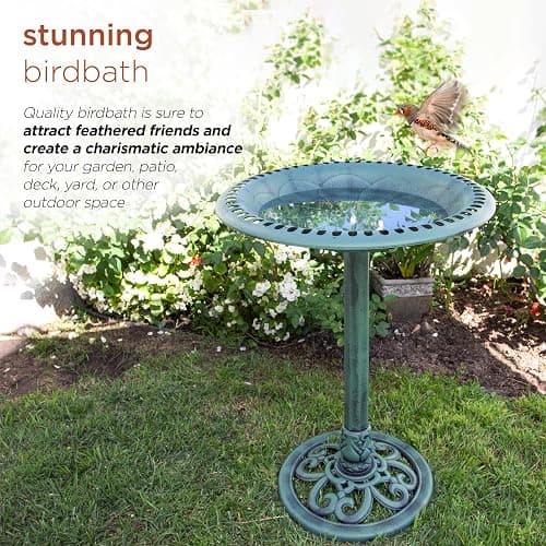 Alpine Corporation TEC116 Outdoor Aged Green Pedestal Birdbath with Scrollwork, 28" Tall, Green thumbnail 6