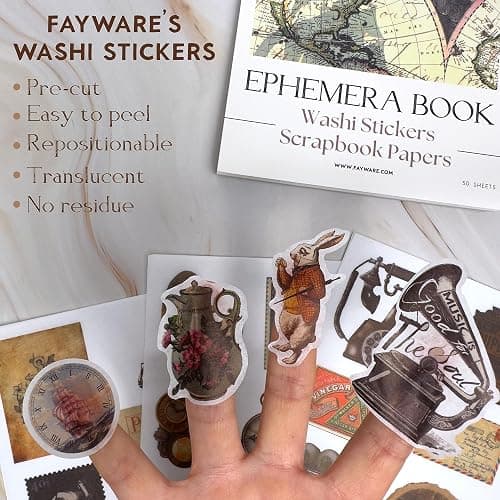 Junk Journal Supplies with 410+ Washi Stickers & Vintage Scrapbook Stickers | FAYWARE Ephemera for Junk Journals, 410+ Stickers for Scrapbooking, 20 Scrapbook Papers thumbnail 4