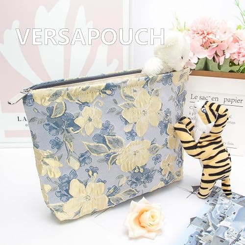 PAZIMIIK Makeup Bag Large Cotton Zipper Pouch for Purse Travel Canvas Make Up Organizer for Women Cosmetic,Brocade Blue - Brocade Blue Flower thumbnail 6