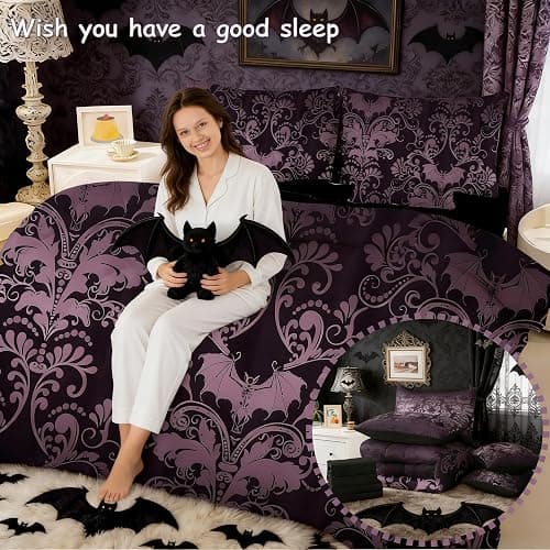 Erosebridal Gothic Damask Bed in a Bag Queen Comforter Set 7 Piece,Halloween Bat Bedding Sets Purple Victorian Floral Goth Sheet Set with Comforter thumbnail 5