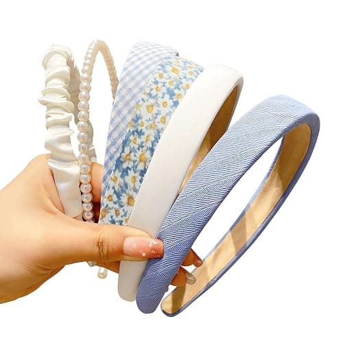 DOXISHRUKY Fashion Headbands Set, 6pcs Pearl Floral Padded Wide Vintage Headbands for Women and Girls (Blue) - Blue - Image 1