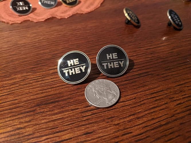 He They Pronoun Pin Black and Silver Circular Hard Enamel Pronoun Badge Button thumbnail 5