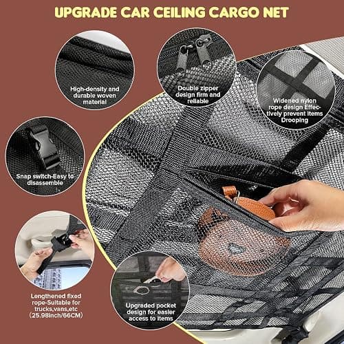 Kaskawise Upgrade Car Ceiling Cargo Net Pocket,31.5"x21.6" Double-Layer Car Roof Storage Organizer,Overhead Net for Truck,SUV & Van Camping,Travel Road Trips,Van Life Essentials thumbnail 5