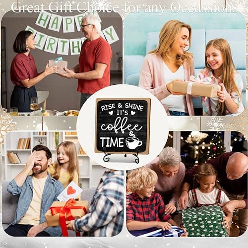 Farmhouse Coffee Bar Sign, Rise & Shine It's Coffee Time, 5"x5" Wood Plaque with Stand Gift for Home Kitchen Tabletop Decor -B09 thumbnail 5