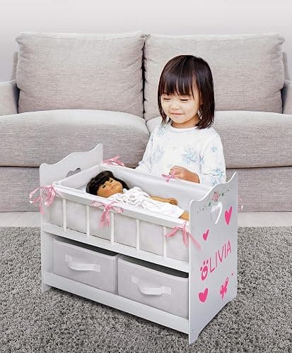 Badger Basket Wooden Doll Bed with Bed Liner, Pillows and Two Storage Baskets - Fits 18" Dolls - Ideal for Pretend Play and Baby Doll Fun - White/Rose Design with Free Personalization Kit thumbnail 4