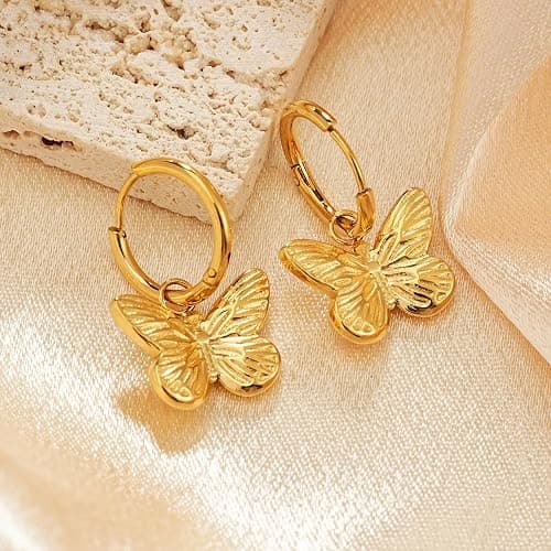 Sylph Hoop Earrings for Women, Dainty 14K Gold Plated Huggie Earrings with Charm Butterfly Drop Simple Hypoallergenic Titanium Steel Dangle Jewelry Gifts for Engagement Birthday Anniversary thumbnail 3