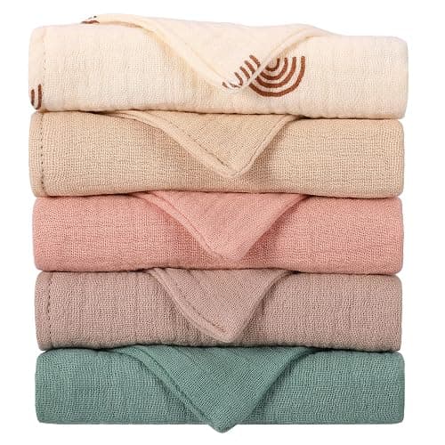 GSrenyu 5 Pack Muslin Squares Baby Muslin Cloths Burp Cloths - Natural Cotton Wipes, Essentials for Newborn Wiping, Bathing, Feeding - White,pink,blue,dark Pink,brown - Image 1