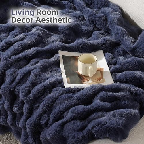 Smoofy Faux Fur Throw Blanket for Couch – Navy Blue Fluffy Cozy Rabbit Fleece, Plush Soft Bubble Blanket for Sofa & Bed, for Mom, Warm Fuzzy Home Room Decor Throw 60" x 80" thumbnail 5